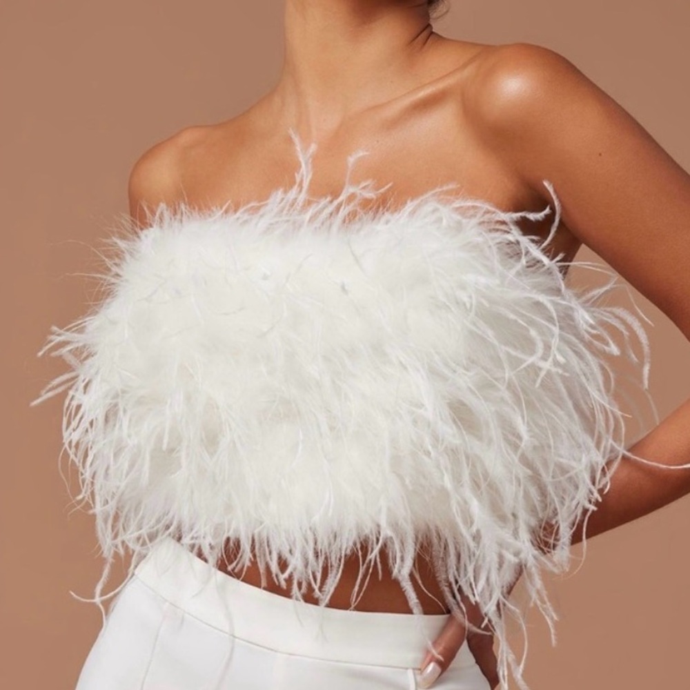White Feather Strapless Crop Top